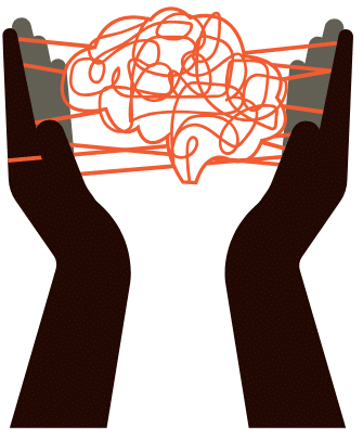 Image of hands with string between them in spaghetti-like tangle